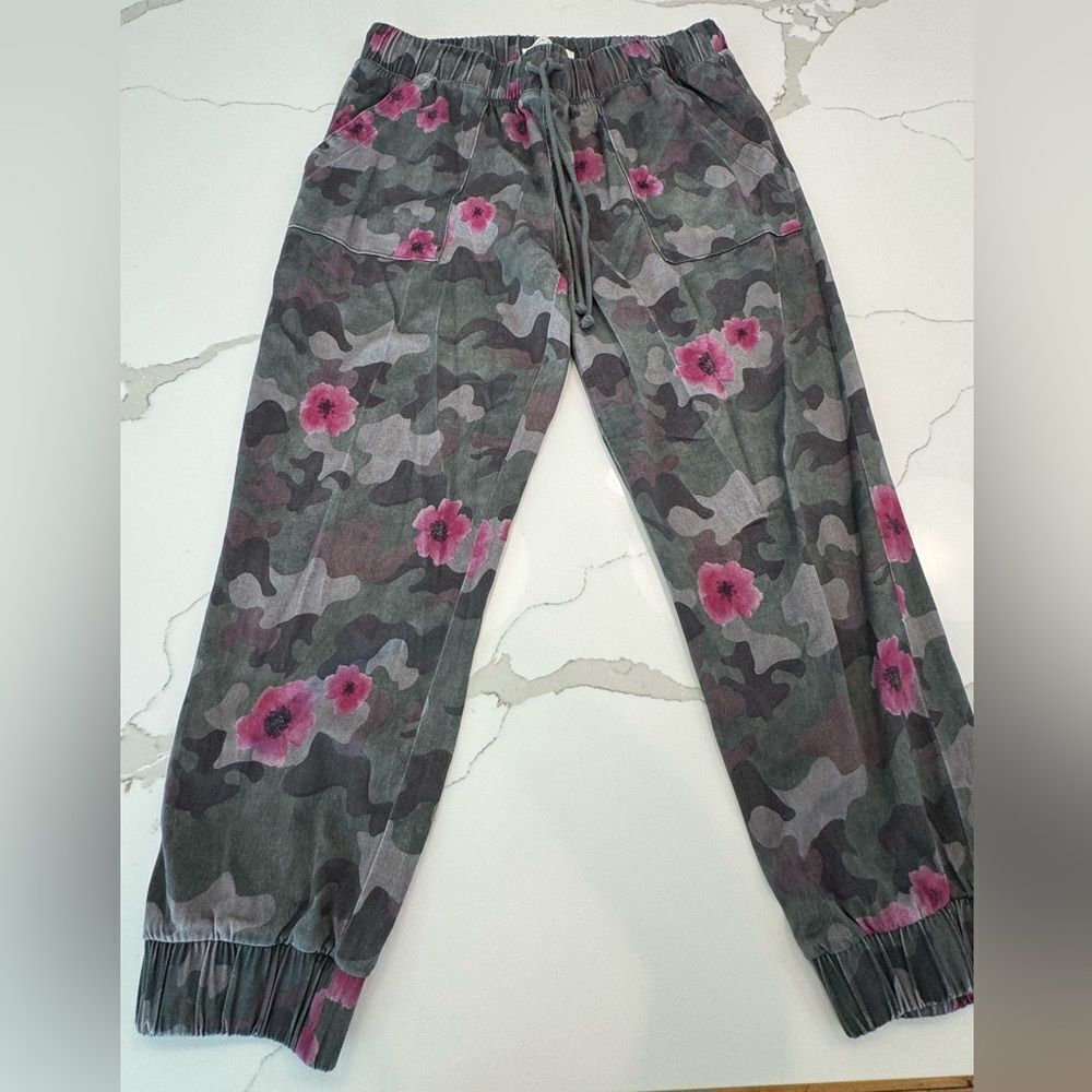 Cloth & Stone Camouflage Pants with Pink Floral Accents from Anthropologie
